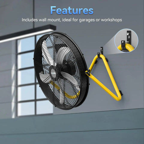 20 Inch High Velocity Floor Fan With Wall Mounting System Powerhouse Air Mover For Workshop Garage And Warehouse 3 Speed Control 3500 CFM 4500 CFM 5500 CFM UL Safety Listed shown mounted on a wall in a workshop setting
