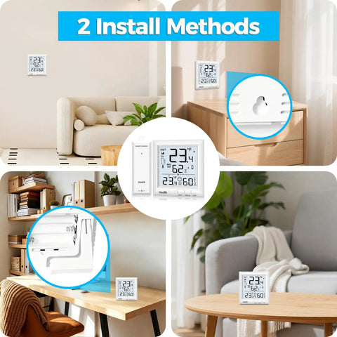 All In One Indoor Outdoor Weather Station Thermometer With Wireless Sensor, Digital Room Thermometer on desk and wall