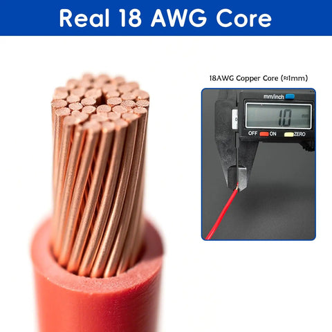 Speaker Wire Connector Kit With 30 Insulated Spade Terminals For 18AWG Cable showing 18 AWG copper core and caliper measurement