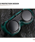 Four Pack Welding Safety Goggles With Flip Up Design Kickass Arc Light Protection No Sweat Ventilation For Industrial Work showcasing dark green lenses and adjustable straps.
