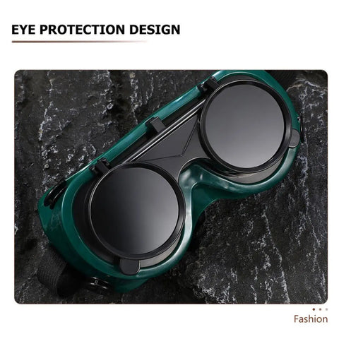 Four Pack Welding Safety Goggles With Flip Up Design Kickass Arc Light Protection No Sweat Ventilation For Industrial Work showcasing dark green lenses and adjustable straps.