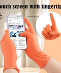 Orange nitrile disposable gloves, 3.5 mil, powder-free, pair worn while using a smartphone