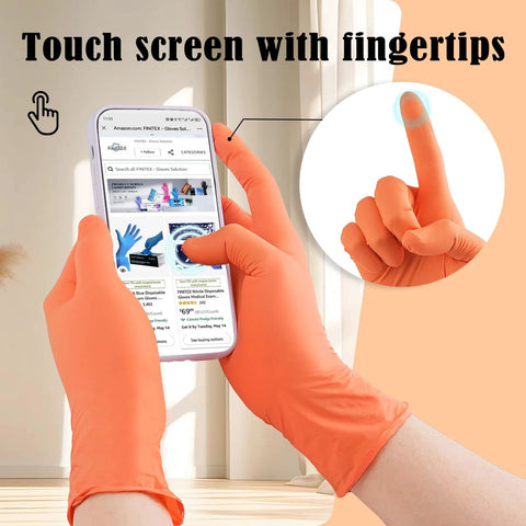 Orange nitrile disposable gloves, 3.5 mil, powder-free, pair worn while using a smartphone