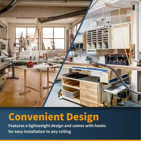 Badass Workshop Cleanup With This Heavy Duty 3 Speed Remote Controlled Air Filtration System Hanging Woodworking Dust Collector Kills The Sawdust Haze At Up To 1060 Cfm Airflow Capacity in a workshop setting.