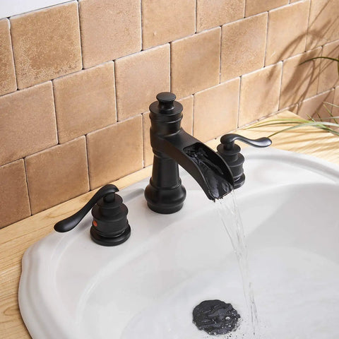 Matte Black 3 Hole Widespread Bathroom Faucet With Two Handles 8 Inch Centers Waterfall Spout Farmhouse Style Includes Pop Up Drain Assembly Supply Lines Hose Lead Free Drip Free Ceramic Cartridge Solid Brass