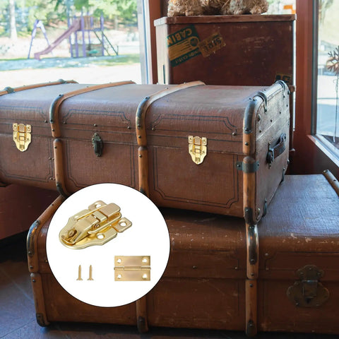 Two Pack Retro Gold Duckbilled Hasp Latch Set With Padlock Hole And Four Hinges Plus Twenty Four Mounting Screws Kit on chests