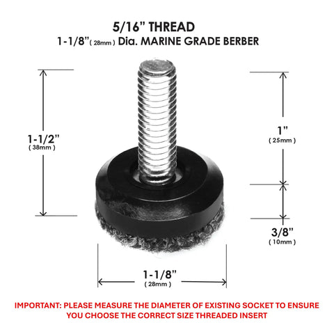 Eight Pack Outdoor Adjustable Furniture Levelers with 1-1/8 in size and 5/16-18 BSW thread shown with measurements