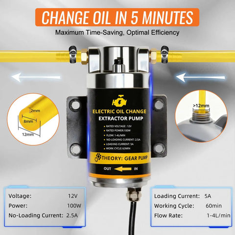 No Sweat All In One Electric Oil Change Extractor Pump Kit 12V 24V Fluid Transfer Tool with specs on pump efficiency.