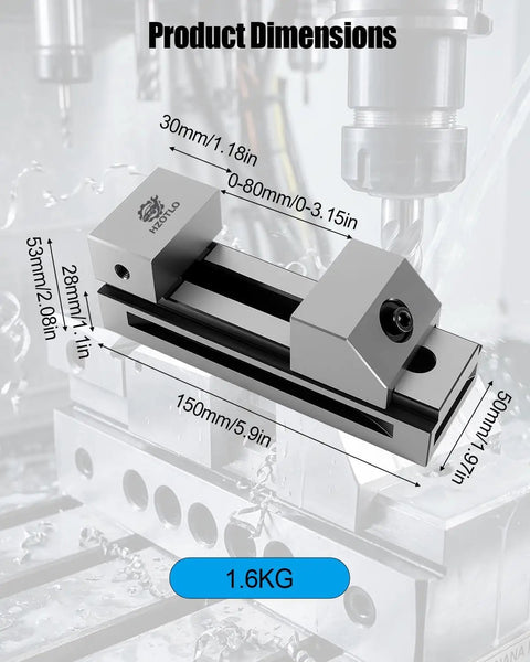 Top Pick 2 Inch Precision Vise For Machinists Built Bulletproof With Heavy Duty Alloy Steel and dimensions shown.