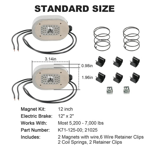 Front view of RALZAOTO 12in electric trailer brake magnet kit with two magnets wires springs and clips