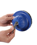 Hands holding Six Inch Wheel Hub Resurfacing Kit with polisher, drill adapter visible for DIY rust removal on wheel hubs.