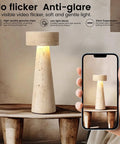 Travertine Stone Table Lamp With Warm White LED, Japanese Wabi Sabi Mushroom Nightstand Light on rustic wooden table