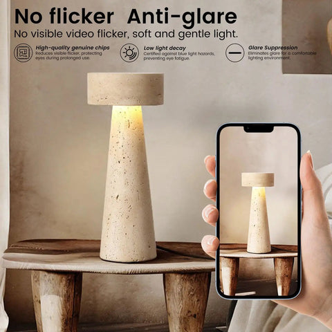 Travertine Stone Table Lamp With Warm White LED, Japanese Wabi Sabi Mushroom Nightstand Light on rustic wooden table