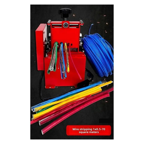Smooth Operator Electric Wire Stripper For Busy Home Shops And Garages, compact red machine with various stripped cables.
