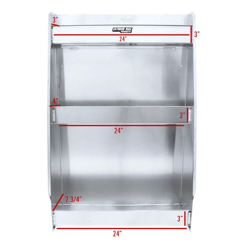 Front view of Aluminum Three Shelf Open Storage Cabinet For Enclosed Trailer Garage And Shop Space Saver That Keeps Gear Secure With Lipped Edges Pre Drilled Mounting Holes Easy Install Lightweight Durable Unit.