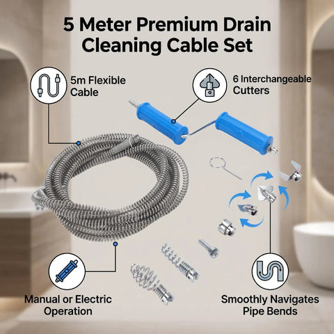 5 Meter Premium Drain Cleaning Cable Set with 5m flexible cable and 6 interchangeable cutters for clog removal.