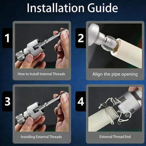Installation guide for No Sweat Four In One Pvc Pipe Threader Kit for Half Inch Three Quarter Inch And One Inch Plastic Tubing.