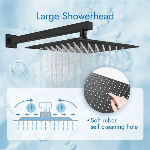 All In One Matte Black Shower System With 10 Inch Rain Shower Head demonstrating self-cleaning spray holes