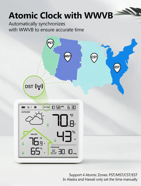 Rechargeable Weather Station With Wireless Indoor Outdoor Thermometer And Atomic Clock With WWVB, 4.3 Inch Display