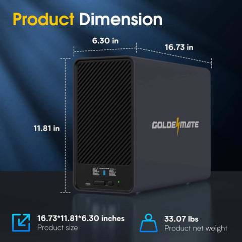 LiFePO4 Powered UPS Battery Backup And Surge Protector With 1500 VA And 1200 W Output dimensions display with LCD panel.