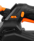 Cordless Belt Sander With Variable Speed, Handheld And Portable, 3 By 18 Inch Belt, lock-on trigger and handle detail