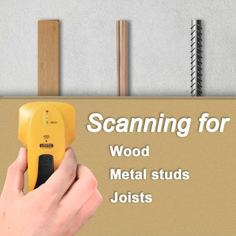 Stud Finder Wall Scanner For Wood And Metal Detection With Light Indicator And Audio Alarm in use, scanning wood, metal, joists