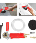 Front view of 4-inch pneumatic wet stone polisher with red grip, clear hose, black polishing pad, and brass fittings.