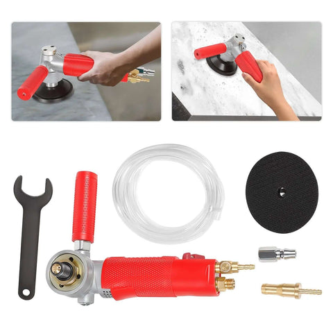 Front view of 4-inch pneumatic wet stone polisher with red grip, clear hose, black polishing pad, and brass fittings.