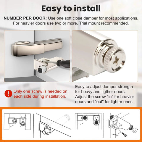 Installation of 5 Pcs Soft Close Damper For Cabinet Doors And Wardrobe Doors, Adjustable Hydraulic Buffer with screws shown