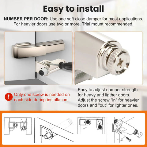 Installation guide for Set Of 10 Universal Soft Close Cabinet Door Dampers with screw adjustments for door weight.