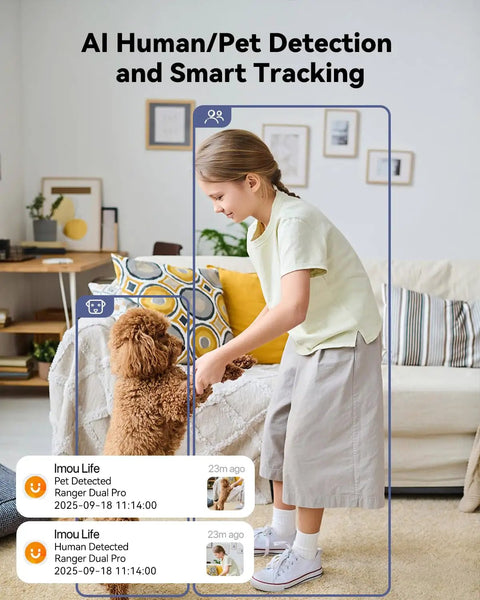 AI human and pet detection by 2.5K Indoor WiFi Security Camera For Home With 360 Degree View showing girl and dog in living room.