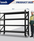 Super Beefy 4 Tier Rolling Garage Shelving Rack With Wheels For Heavy Duty Mobile Storage And Multipurpose Home Setup Easy Adjustable Layer Rows with size dimensions.