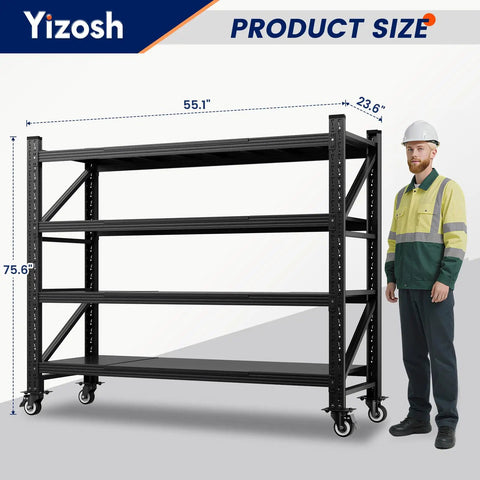 Super Beefy 4 Tier Rolling Garage Shelving Rack With Wheels For Heavy Duty Mobile Storage And Multipurpose Home Setup Easy Adjustable Layer Rows with size dimensions.