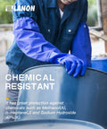 Person wearing 26 Inch PVC Chemical Resistant Gloves Heavy Duty Long Rubber Work Gloves For Acid Alkali Oil Protection XL lifting drum