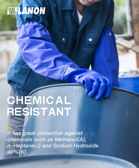 Person wearing 26 Inch PVC Chemical Resistant Gloves Heavy Duty Long Rubber Work Gloves For Acid Alkali Oil Protection XL lifting drum