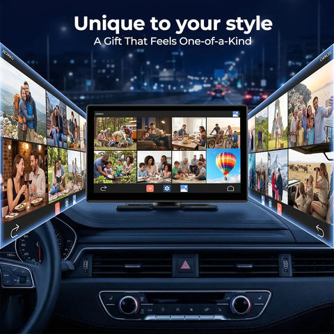9 Inch Wireless Apple CarPlay Screen With Backup Camera displaying multiple family photos for car entertainment and navigation