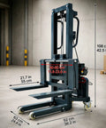 CNFKF Electric Pallet Stacker With Telescopic Fork shown with dimensions, showcasing adjustable forks and hydraulic lift capabilities.