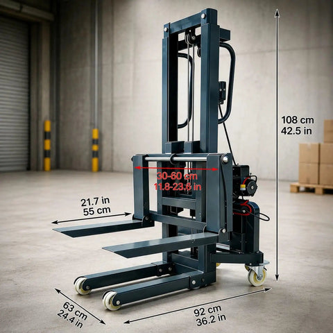CNFKF Electric Pallet Stacker With Telescopic Fork shown with dimensions, showcasing adjustable forks and hydraulic lift capabilities.