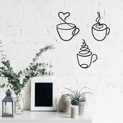 Three Piece Coffee Cup Wire Wall Art Set For Coffee Bar Decor Vintage Rustic Metal Signs displayed on a white brick wall.