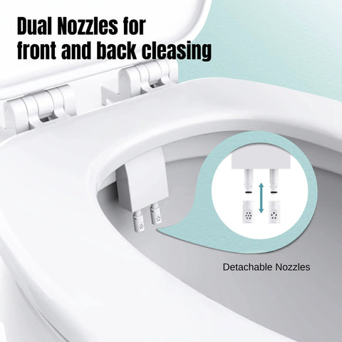 Ultra Slim Bidet Attachment For Toilet With Dual Nozzles For Feminine And Posterior Wash installed on white toilet.