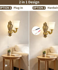 Plug in Wall Sconce, Dimmable Vintage Gold Wall Lamp 0%-100% Brightness, showing plug-in and hardwired options.
