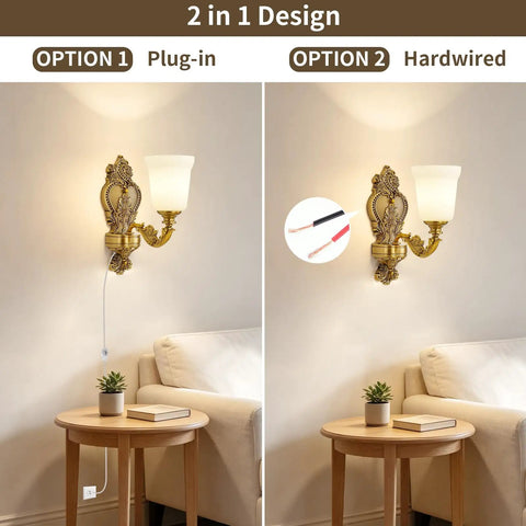 Plug in Wall Sconce, Dimmable Vintage Gold Wall Lamp 0%-100% Brightness, showing plug-in and hardwired options.