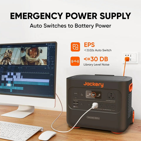 Go-To High Capacity Portable Power Station with 2042Wh LiFePO4 Battery, 3000W AC Output, Solar Generator next to computer