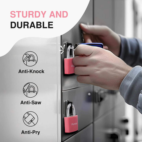 Image of hand using 2 Pack Aluminum Padlocks With 3 Keys Alike Seven Eighths Inch 43mm Small Locks For Gate Fence Shed Toolbox School Gym Locker.