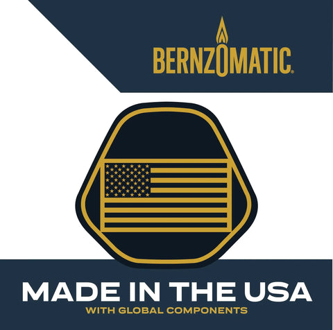 Logo of Bernzomatic with 'Made in the USA' text, featuring an American flag icon on a blue background.