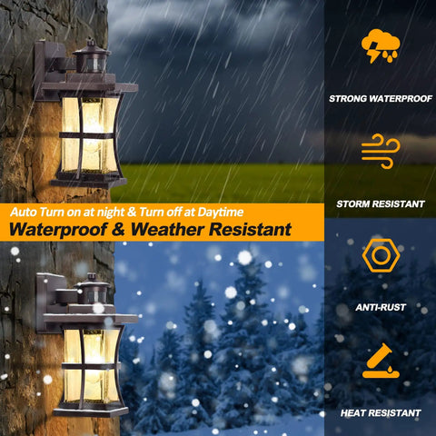 Two Pack Motion Sensor Outdoor Lights Dusk To Dawn Oil Rubbed Bronze Porch Lights demonstrating waterproof feature.