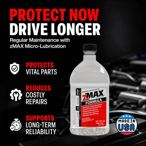 Keep Your Whip Running Slick With This Multifunctional Engine And Fuel Treatment That Dissolves Carbon Buildup Boosts Gas Diesel Power Lubricates Metal Parts For Transmission And Power Steering In A 32 Oz Bottle on a black background with car engine components.