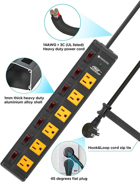 Heavy Duty Metal Power Strip With 6 Individually Switched Outlets, 1.77 Inch Wide Spacing For Bulky Plugs, 6 Foot Cord, 1200J Wall Mount Power Hub