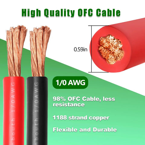 Premium 1 0 Gauge Oxygen Free Copper Battery Cable Wire Kit includes two 1/0 AWG cables, red and black, showing flexible stranded build.