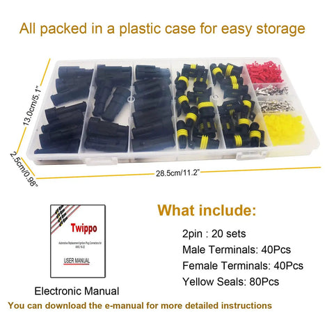 20 Kits Of 2 Pin Waterproof Automotive Electrical Connectors With Male And Female Terminals And Silicone Seals For 22-16 AWG Wiring Quick Disconnects And 2 Wire Connectors Durable Weatherproof Wiring Kit For Cars in plastic storage case
